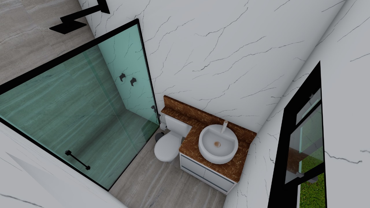Projeto do banheiro do chalé com bancada e box de vidro