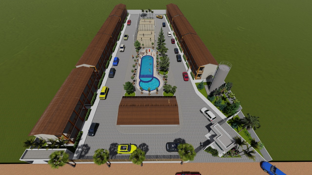Implantação do empreendimento com chalés, piscina e quadras