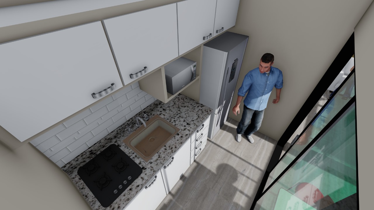 Projeto da cozinha do chalé com bancada e armários