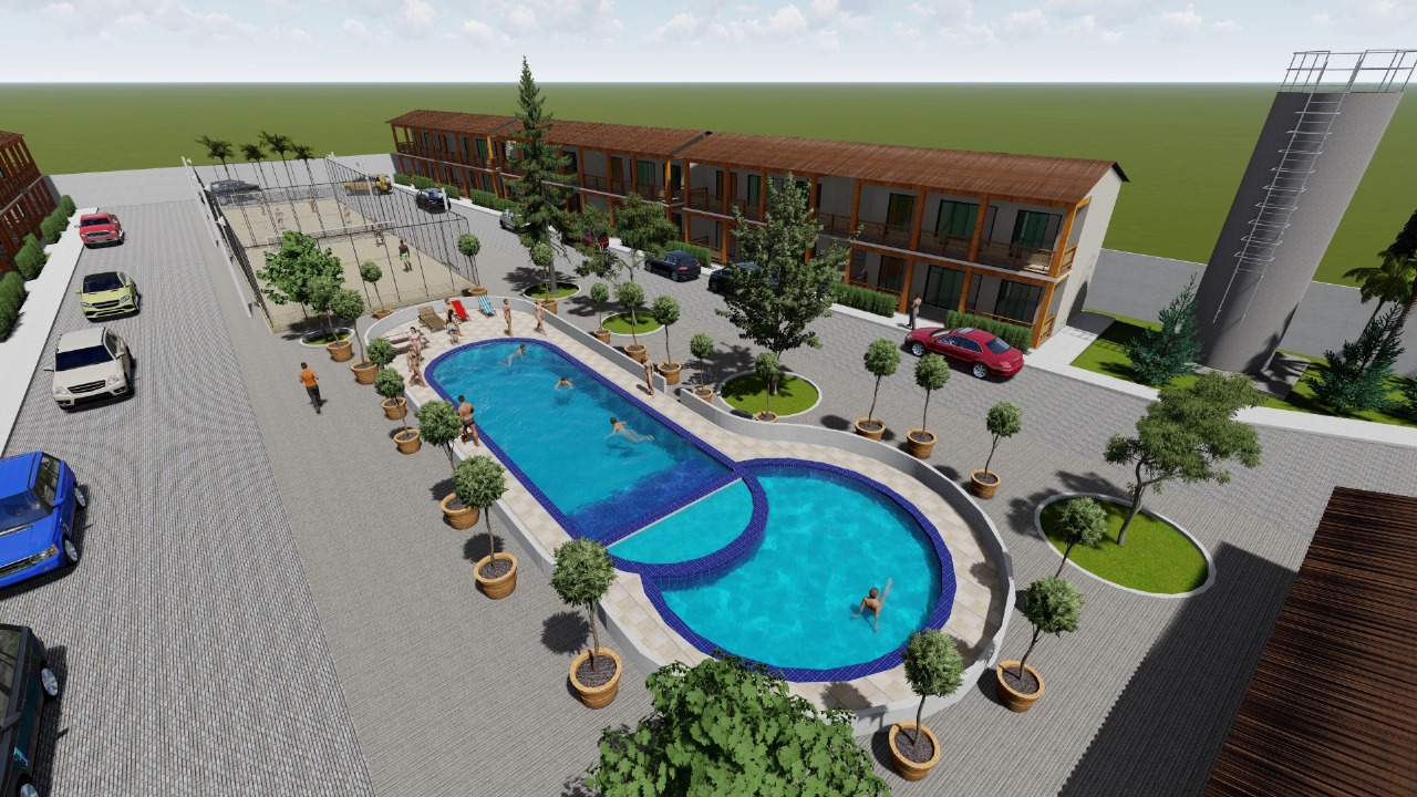 Projeto do Hotel Village Olho D'Água com piscina e chalés